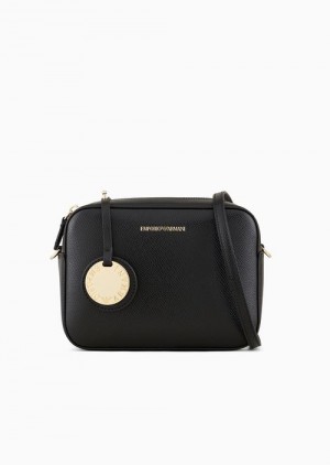 Black Logo Emporio Armani Palmellato Leather-finish Camera Case With Shoulder Strap | EA-SN57247