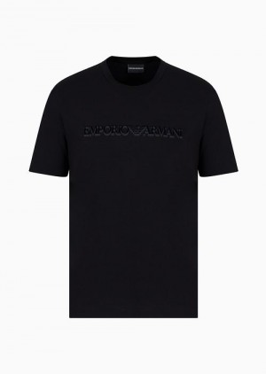 Black Logo Emporio Armani Pima-jersey T-shirt With Flocked Logo Print | EA-SN58589