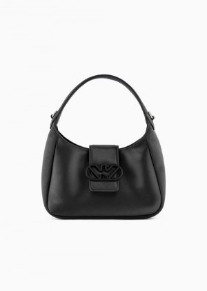 Black Logo Emporio Armani Satin Hobo Handbag With Eagle Buckle | EA-SN57370