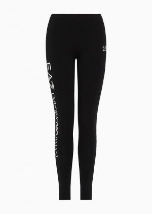 Black Logo Emporio Armani Shiny Stretch Cotton Leggings | EA7-SN59551