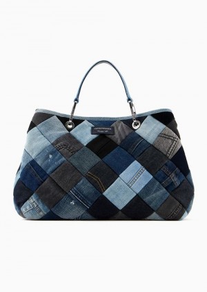 Blue Emporio Armani Armani Sustainability Values Medium Patchwork Denim Myea Shopper Bag | EA-SN57325