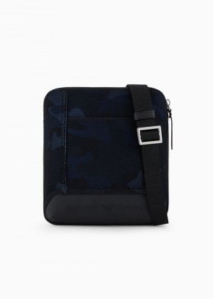 Blue Emporio Armani Camouflage Mesh And Jersey Flat Crossbody Bag | EA-SN59084