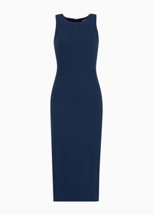 Blue Emporio Armani Chevron Jacquard Jersey Midi Sheath Dress | EA-SN56528