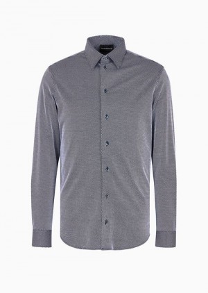 Blue Emporio Armani Classic-collar Shirt In 3d-effect Jacquard Jersey | EA-SN57906