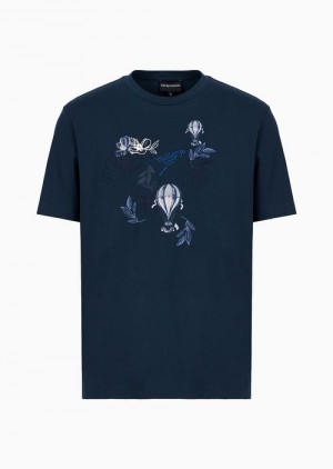 Blue Emporio Armani Cotton Jersey T-shirt With Resort Capsule Collection Print And Embroidery | EA-SN58581