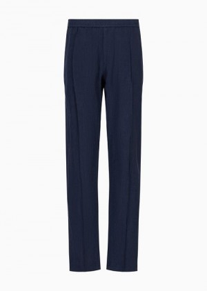 Blue Emporio Armani CrêPe-effect Faded Linen Trousers With Ribbing | EA-SN58375