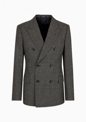 Blue Emporio Armani Double-breasted Jacket In Compact Houndstooth Virgin Wool | EA-SN57778