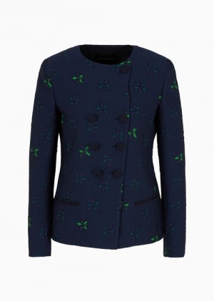 Blue Emporio Armani Double-breasted Jacket In Jacquard Fabric With A Floral Pattern | EA-SN56457