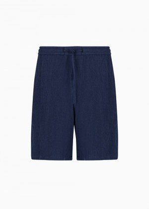 Blue Emporio Armani Faded Linen With A CrêPe Texture Drawstring Board Shorts With Drawstring | EA-SN58374