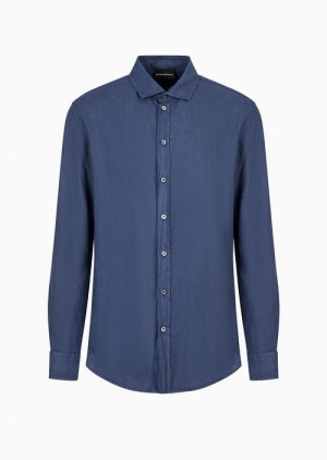 Blue Emporio Armani Garment-dyed Linen Shirt With French Collar | EA-SN57847