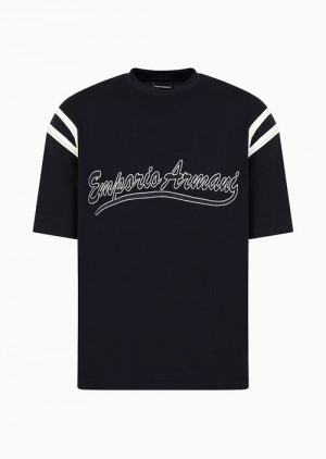 Blue Emporio Armani Heavyweight Jersey Comfort-fit T-shirt With Jacquard Inserts And Embroidered Preppy-font Logo | EA-SN58645