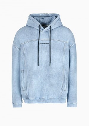 Blue Emporio Armani Hooded Sweatshirt In Denim-look Printed Jersey | EA-SN58571