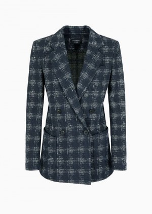 Blue Emporio Armani Icon Double-breasted Jacquard Jersey Blazer With Madras Print | EA-SN56481