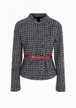 Blue Emporio Armani Icon Jacket With Guru Collar In Denim-effect Houndstooth With Leather Belt | EA-SN56447