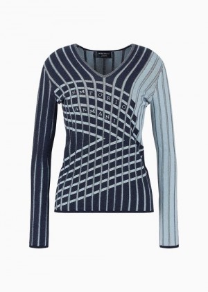 Blue Emporio Armani Icon Plated, Jacquard, Cotton-blend V-neck Jumper | EA-SN56714