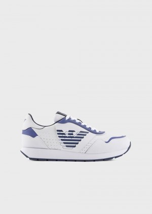 Blue Emporio Armani Leather Sneakers With Contrasting Eagle | EA-SN57209