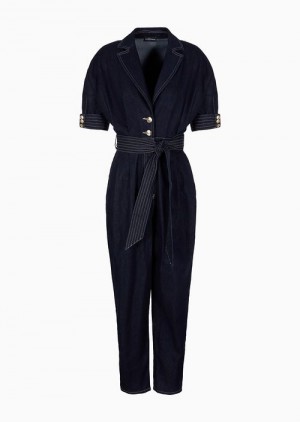 Blue Emporio Armani Lyocell-blend Denim Jumpsuit With Lapels And Sash | EA-SN56506