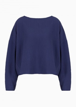 Blue Emporio Armani Lyocell-blend Technical Seersucker Blouse With Elasticated Insert | EA-SN56936