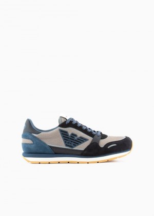 Blue Emporio Armani Mesh Sneakers With Suede Details And Eagle Patch | EA-SN58996