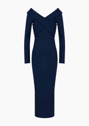 Blue Emporio Armani Milano-stitch Fabric Midi Dress With Cross-over Neckline | EA-SN56525