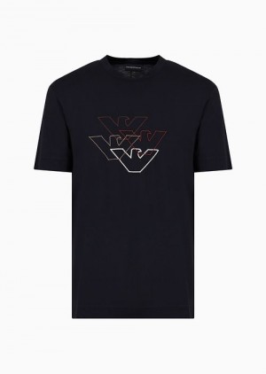 Blue Emporio Armani Pima Jersey T-shirt With Logo Embroidery | EA-SN58604