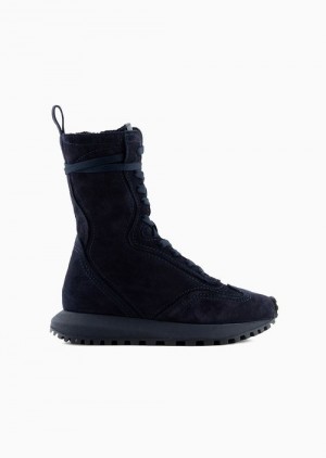 Blue Emporio Armani Raw-edge Split Cowhide Lace-up Ankle Boots | EA-SN57188