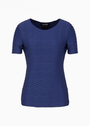 Blue Emporio Armani Short-sleeved Jersey Jumper With Embossed Waves Motif | EA-SN57023