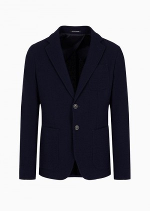 Blue Emporio Armani Single-breasted Jacket In Stretch Virgin-wool Seersucker | EA-SN57782