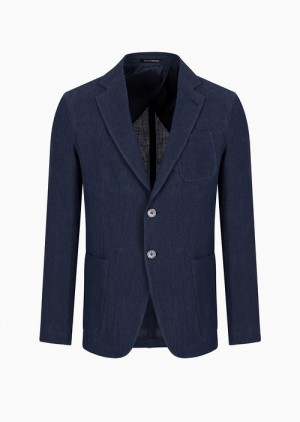 Blue Emporio Armani Single-breasted Jacket In Faded Linen With A CrêPe Texture | EA-SN57811