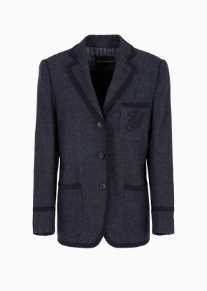 Blue Emporio Armani Single-breasted Jacket With Denim-effect Micro-chevron Wool-blend Lapels | EA-SN56432