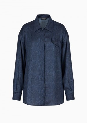 Blue Emporio Armani Soho Capsule Collection Matte Satin Shirt With Maxi Chevron Print | EA-SN56920