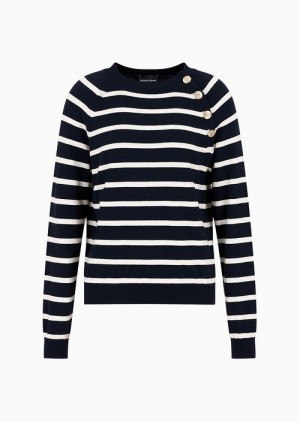 Blue Emporio Armani Striped Jumper With Opening At The Shoulder And Gold Buttons | EA-SN56669