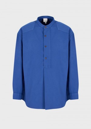 Blue Emporio Armani Sustainable Collection Garment-dyed, Organic-muslin Shirt With A Guru Collar | EA-SN57861