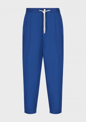 Blue Emporio Armani Sustainable Collection Organic-twill 7/8 Trousers With Darts And Drawstring | EA-SN58359