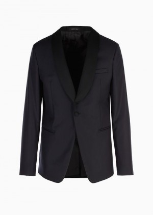 Blue Emporio Armani Worsted Virgin Wool Jacket With Satin Shawl Lapels | EA-SN57826