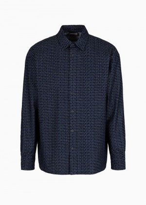 Blue Logo Emporio Armani Comfortable Chambray Shirt With All-over Flock Logo Lettering | EA-SN57842