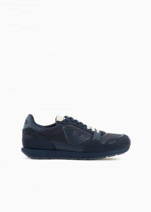 Blue Logo Emporio Armani Mesh Sneakers With Suede Details And Eagle Patch | EA-SN58928