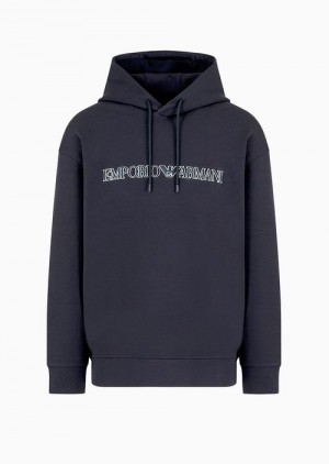 Blue Logo Emporio Armani Oversized Double-jersey Hooded Sweatshirt With Logo Embroidery Trim | EA-SN58551