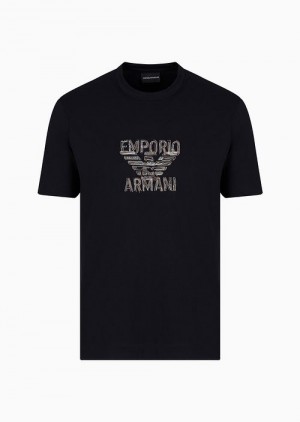 Blue Logo Emporio Armani Pima Jersey T-shirt With Logo Embroidery | EA-SN58620