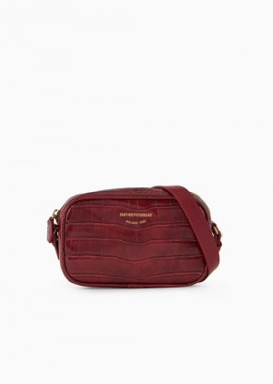 Bordeaux Emporio Armani Mock Croc Camera Case With Shoulder Strap | EA-SN57375