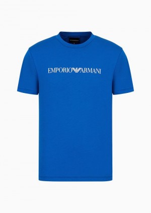 Bright Blue Logo Emporio Armani Pima-jersey T-shirt With Logo Print | EA-SN58702