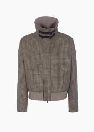 Brown Emporio Armani Full-zip Mock-neck Blouson In Compact Houndstooth Virgin Wool | EA-SN58202