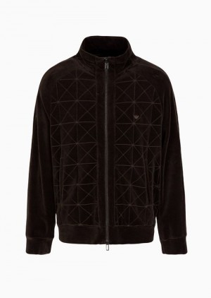 Brown Emporio Armani Full-zip Sweatshirt With All-over Chenille Pattern | EA-SN58491