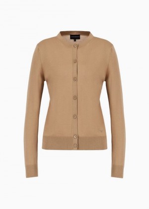 Camel Emporio Armani Cardigan In Plain-knit, Pure Virgin Wool | EA-SN56701