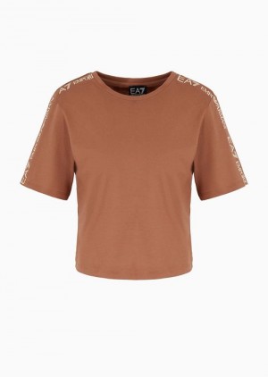 Camel Emporio Armani Shiny Cotton Crew-neck T-shirt | EA7-SN59668