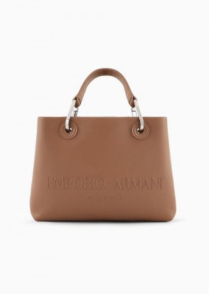 Camel Emporio Armani Small Myea Shopper Bag With Oversized Embossed Logo | EA-SN57312