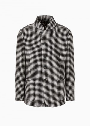 Check Emporio Armani Guru-collar Jacket With Off-center Fastening In Armure Virgin Wool With A Checkerboard Motif | EA-SN57830