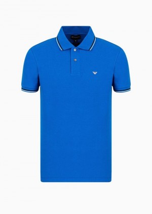 China Blue Emporio Armani Slim-fit Stretch Piqué Polo Shirt With Micro Eagle | EA-SN58446