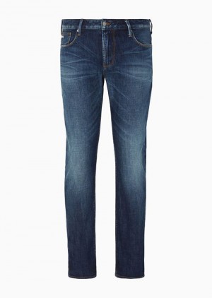 Dark Blue Emporio Armani J06 Slim-fit, Bleached-effect Comfort-denim Jeans | EA-SN58019