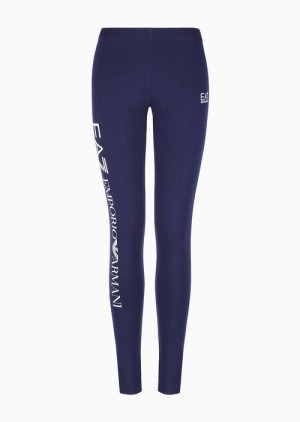 Dark Blue Emporio Armani Shiny Stretch Cotton Leggings | EA7-SN59550